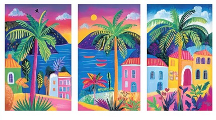 Naklejka premium Vibrant tropical landscape with palm trees, colorful houses, and a serene ocean sunset. Perfect for a cheerful decor.