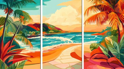 Obraz premium Vibrant tropical landscape with palm trees, waves, and colorful foliage, creating a serene beach scene in warm hues.