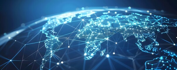 Low polygon Globe Map with social icons wireframe mesh on blue background