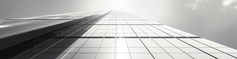 Obraz premium Upward view of a sleek, modern skyscraper in monochrome tones, emphasizing its reflective surfaces and minimalist design.
