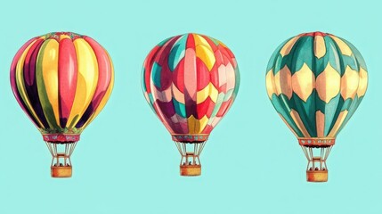 A vibrant collection of colorful hot air balloons against a bright backdrop, showcasing artistic patterns and designs.