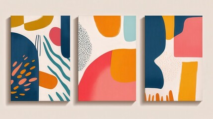 Fototapeta premium Colorful abstract canvas art featuring geometric shapes and bold patterns, perfect for modern interior decoration.