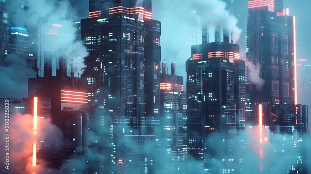 Canvas Prints Futuristic Cityscape with Neon Lights and Smoke.