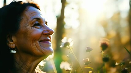 An older woman with a warm smile and ling eyes standing in a peaceful forest clearing filled with blooming wildflowers and a sense of joy.