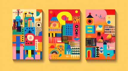 Vibrant abstract art featuring colorful geometric patterns and whimsical buildings, perfect for modern decor and design projects.