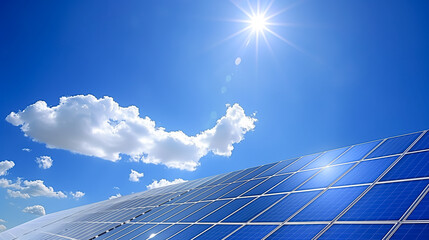 Rows of solar panels against a clear sky background, capturing sunlight to generate renewable energy and contribute to a sustainable future.
