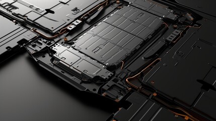 Electric vehicle battery EV pack showcasing its intricate design and advanced technology components, Advanced battery technology