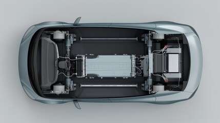 Obraz premium Advanced battery technology, Overhead perspective of an electric car showcasing its internal components including battery EV, motor, and drivetrain structure.