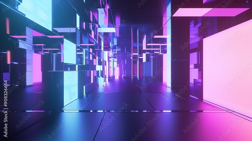 Canvas Prints Abstract Neon Corridor with Purple and Blue Glowing Lights.