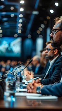 Panel discussion at a conference diverse speakers engaged audience modern venue