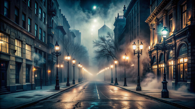 Ethereal wisps of mist swirl around a vacant, dimly lit city street, emphasizing the eerie feeling of being suddenly and inexplicably abandoned by someone.