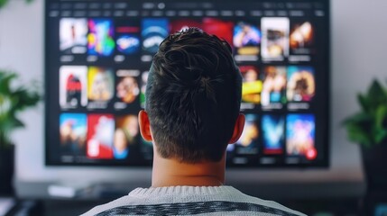 A person overwhelmed by the variety of streaming service subscriptions on a smart TV screen, front view, showing diversity and abundance, advanced tone, Complementary Color Scheme