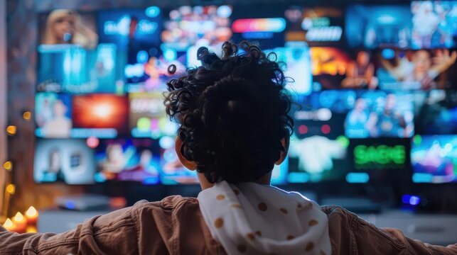 A person overwhelmed by the variety of streaming service subscriptions on a smart TV screen, front view, showing diversity and abundance, advanced tone, Complementary Color Scheme