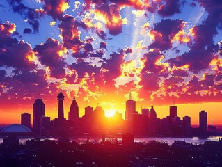 Radiant Urban Sunset: Captivating Skyline Silhouette with Dramatic Cloudscape and Intense Colorful Twilight