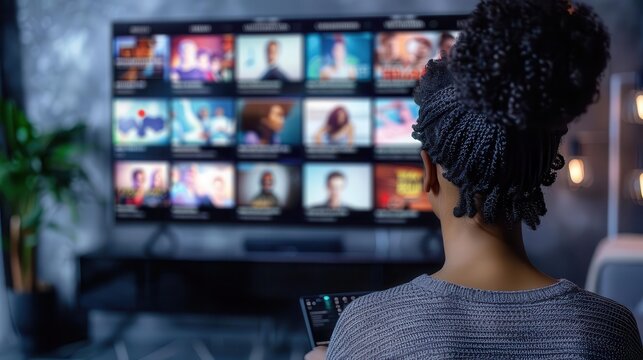 A sleek smart TV user interface with a person browsing through show selections, side view, highlighting modern technology and choice, futuristic tone, Monochromatic Color Scheme