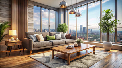 Fototapeta premium Cozy modern living room interior with comfortable couch, wooden coffee table, and large window overlooking a cityscape, perfect for family relaxation.
