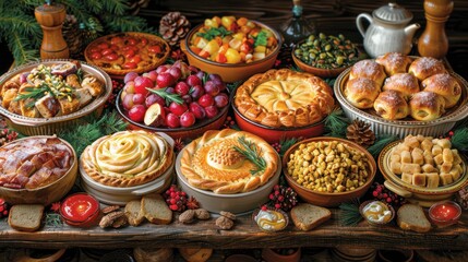An Abundant Traditional Harvest Feast with Pies, Croissants, Fresh Fruit, Vegetables, and Bread on a Rustic Wooden Table