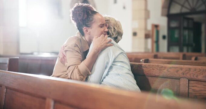 Support, care and people with hug in church for compassion, empathy and understanding of loss. Christian, women and embrace on pew with elderly for grief comfort, guidance and help in mourning