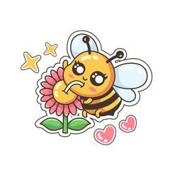 cute bee sucking flower nectar illustration. vector design of kawaii honey bee, sunflower, and heart. great for mascots, logos, stickers, t-shirts and more