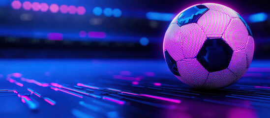Futuristic soccer ball illuminated with neon pink and blue lights, placed on a digital field with copyspace background.