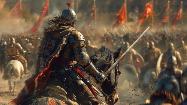 Epic Medieval Battle Scene with Gallant Knights on Horseback