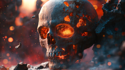 A skull with glowing, fiery eyes emerges from molten lava and ashes