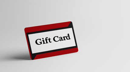 A simple gift card with a red and white design, angled against a light gray background, ideal for promotions or gifts