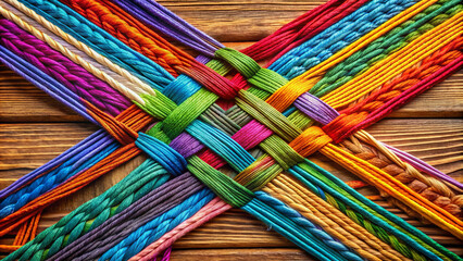 Vibrant colors of intertwined threads on a wooden table represent the joy of forming new connections and weaving a tapestry of meaningful relationships together.