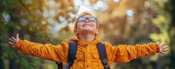Excited Child with Backpack Embracing the New School Year, Back to School Concept, Joyful Student, Education, Learning, Knowledge, Childhood, Growth, Summer Break, First Day, New Beginnings