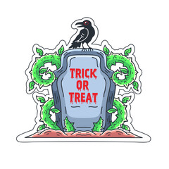 graves with the words trick or treat, black crows, and thorny weeds illustration. Halloween party theme design. Good for stickers and others