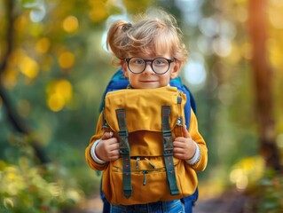 Excited Little Student Ready for the First Day of School, Back to School Concept, Happy Child with Backpack and Glasses