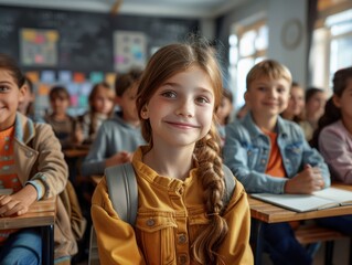 Smiling Kids in Classroom Portrait Back to School Concept, Happy Students, Education, Learning, Classroom, Elementary School, Children, Group, Friendship, School Supplies, Teacher, Desk, Books