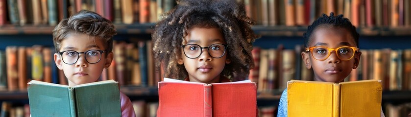 Joyful Kids Reading Books in Library, Back to School Concept, Portrait of Children with Books, Education, Learning, Knowledge, Literacy