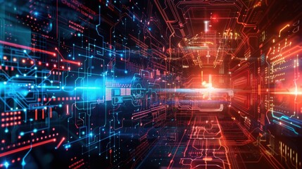 A technology background with futuristic elements, including digital circuits, binary code, and interconnected data streams, creating a dynamic and vibrant visual of modern technology