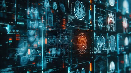 An abstract representation of medical imaging technology, with overlapping transparent layers showing different types of scans, such as X-rays, MRIs, and CT scans, emphasizing the complexity and