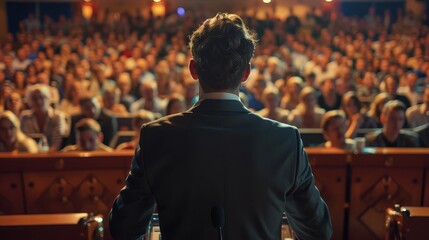 Fototapeta premium Speaker at podium addressing large crowd professional setting confident stance