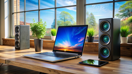 High-tech desktop setup featuring sleek black speakers connected to a modern laptop computer with a vibrant screen display on a clean wooden workspace.