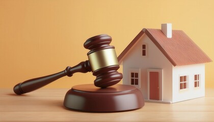 A gavel beside a small house symbolizes law and real estate representation in legal matters.