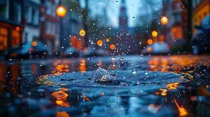 A beautiful and clear photo of raindrops splashing in a puddle on a cobblestone street. 