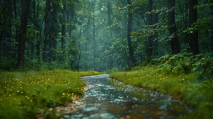 Obraz premium A crisp and detailed photo of a forest path with rain gently falling, creating a serene and peaceful atmosphere. 