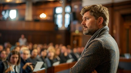 Fototapeta premium Speaker in town hall meeting answering questions interactive session engaged community