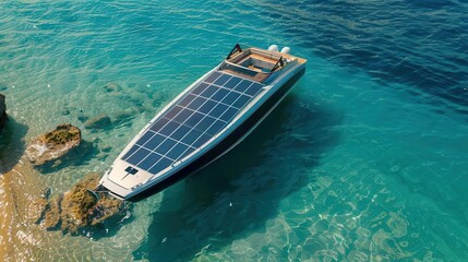 Fototapeta premium Hightech solar boat on the ocean, illustrating clean energy solutions, side view, highlighting sustainability, advanced tone, vivid colors, copy space for text