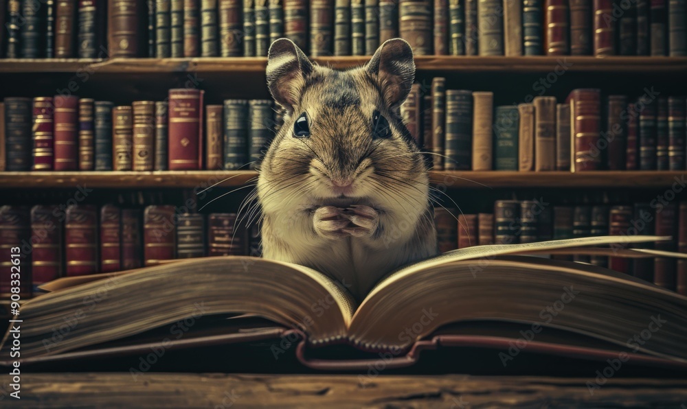 Poster a small rodent sitting on an open book in front of a bookshelf. ai.