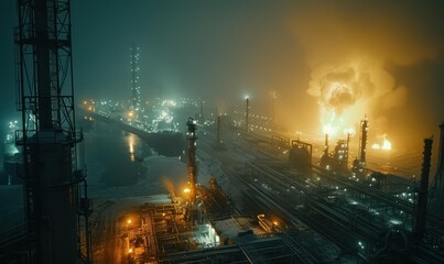 A large industrial complex with a fire burning brightly in the distance. AI.