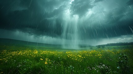 A dramatic and clear photo of a stormy sky with dark clouds and heavy rain pouring down over a landscape. 