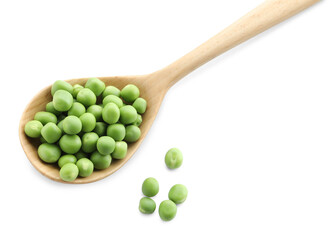 Spoon with fresh green peas isolated on white, top view