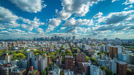 Aerial view of a bustling cityscape with dense buildings, lush green spaces, and a dramatic sky filled with scattered white clouds.