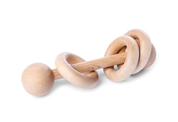 Wooden rattle isolated on white. Baby accessory]