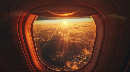 Naklejka premium A breathtaking view of a vibrant sunset above the clouds, captured from an airplane window, with golden rays illuminating the sky.