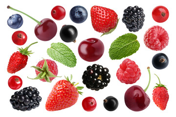 Many different fresh berries isolated on white